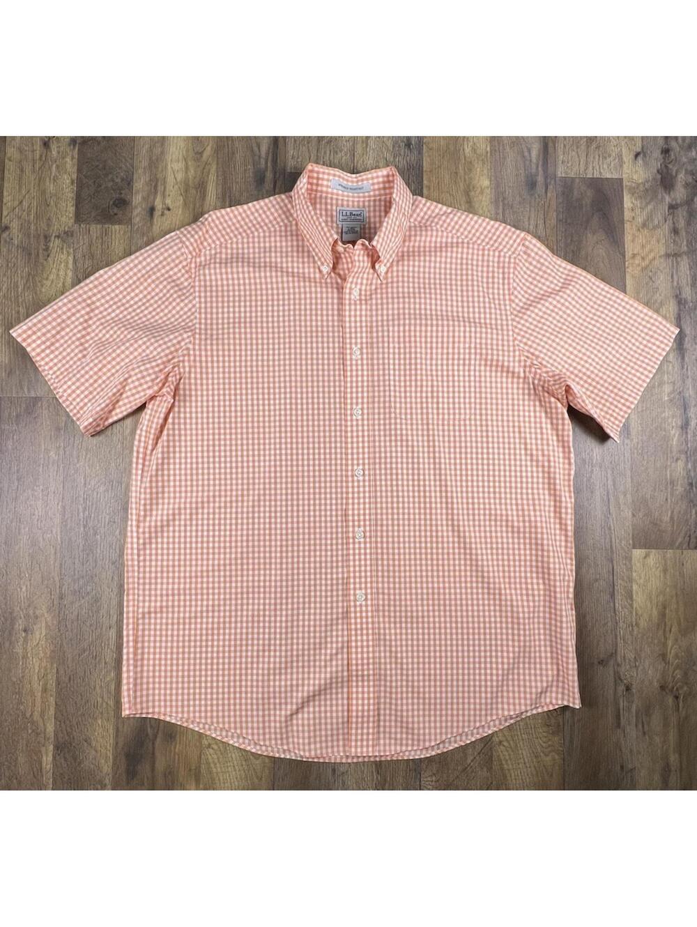 L.L. Bean Orange Gingham Short Sleeve Cotton Wrinkle Resistant 262298 Large